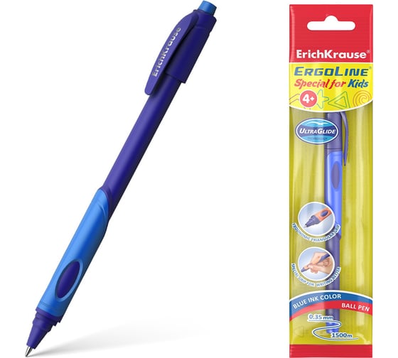 Шариковая ручка ErichKrause ErgoLine Kids Stick&Grip Neon Ultra Glide Technology, цвет чернил синий 56060