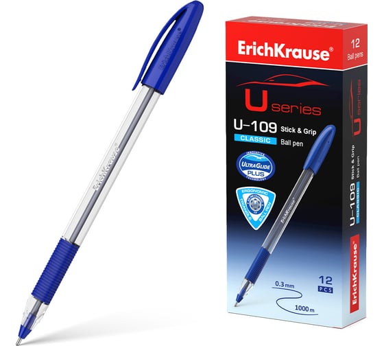 Шариковая ручка ErichKrause U-109 Stick&Grip Classic 1.0, Ultra Glide Technology, цвет чернил синий, 12 шт. в упаковке 53742