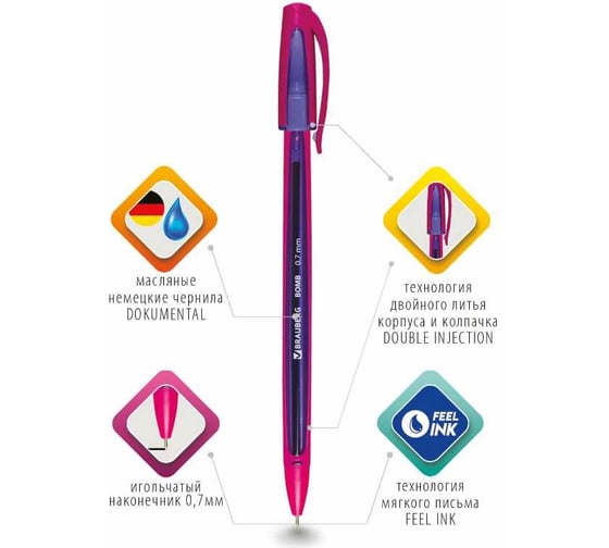 Шариковая ручка BRAUBERG bomb gt color, 36 шт., ассорти, узел 0.7 мм, линия письма 0.35 мм 880160