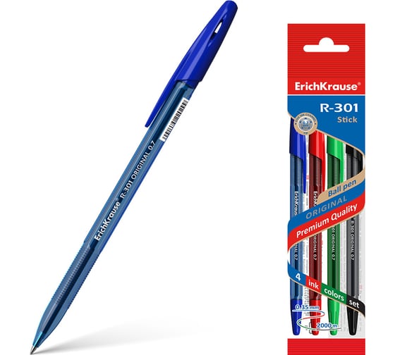 Набор из 4 шариковых ручек ErichKrause R-301 Stick Original 0.7, цвет чернил: синий, черный, красный, зеленый 46776