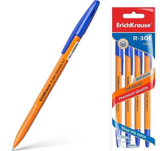 Набор из 4 шариковых ручек ErichKrause R-301 Stick Orange 0.7, цвет чернил синий 22189