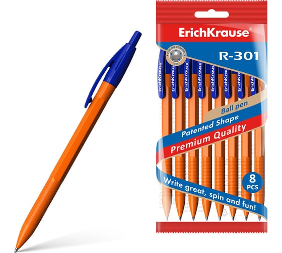 Набор из 8 шариковых автоматических ручек ErichKrause R-301 Matic Orange 1.0, цвет чернил синий 56613