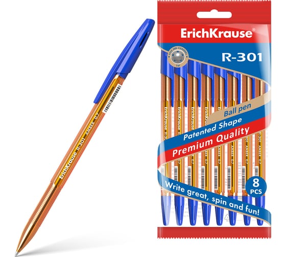 Набор из 8 шариковых ручек ErichKrause R-301 Stick Amber 0.7, цвет чернил синий 56611