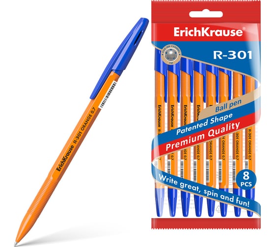Набор из 8 шариковых ручек ErichKrause R-301 Stick Orange 0.7, цвет чернил синий 56614
