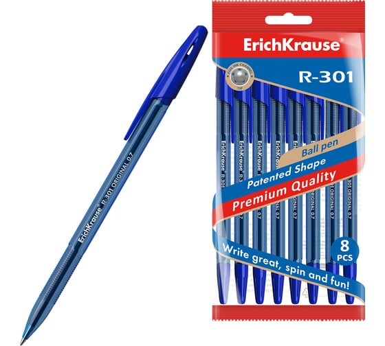 Набор из 8 шариковых ручек ErichKrause R-301 Stick Original 0.7, цвет чернил синий 56616