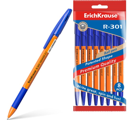 Набор из 8 шариковых ручек ErichKrause R-301 Stick&Grip Orange 0.7, цвет чернил синий 56569
