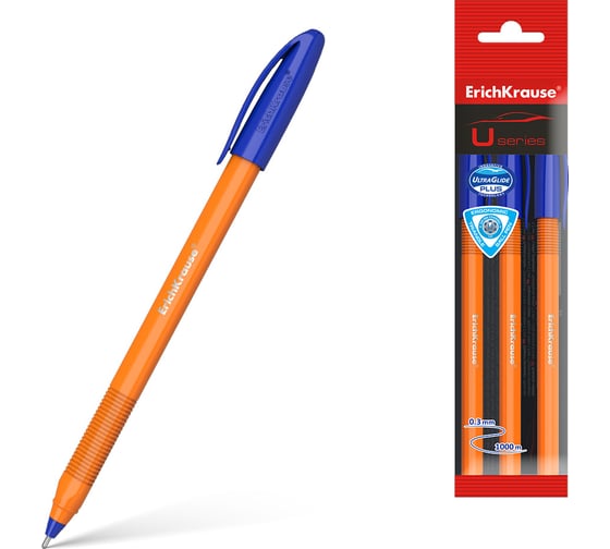 Набор из 3 шариковых ручек ErichKrause U-108 Stick Orange 1.0, Ultra Glide Technology, цвет чернил синий 47586 1