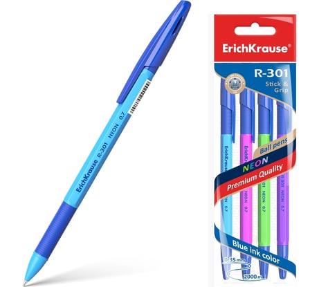 Набор ErichKrause из 4 ручек шариковых R-301 с резиновым хватом Неон 1,0, цвет чернил синий 42023