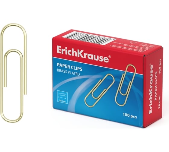 Скрепки ErichKrause металлические, омедненные, 28 мм, в коробке по 100 шт. 24867 1