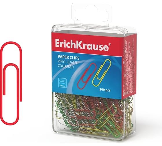 Скрепки ErichKrause металлические, с виниловым покрытием, Classic, 28 мм, ассорти, в пластиковой коробке по 200 шт. 19740