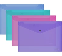 Папка-конверт на кнопке ErichKrause Glossy Vivid, A4, пластиковая, полупрозрачный, ассорти, 12 шт. в упаковке 50314