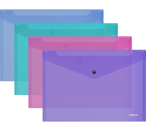 Папка-конверт на кнопке ErichKrause Glossy Vivid, A4, пластиковая, полупрозрачный, ассорти, 12 шт. в упаковке 50314 1