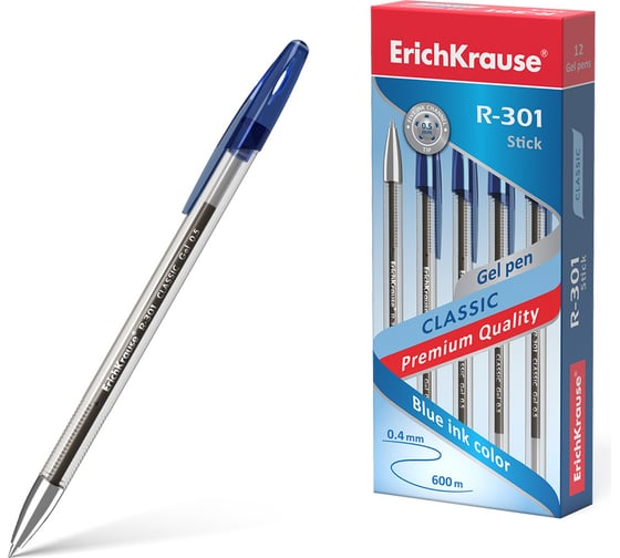 Гелевая ручка ErichKrause R-301 Gel Stick Classic 0.5, цвет чернил синий, 12 шт. в упаковке 53346 1