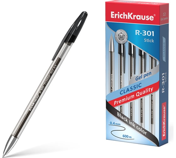 Гелевая ручка ErichKrause R-301 Gel Stick Classic 0.5, цвет чернил черный, 12 шт. в упаковке 53347 1