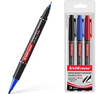 Набор из 3 двухсторонних перманентных маркеров ErichKrause P-80, цвет чернил: черный, синий, красный 48186