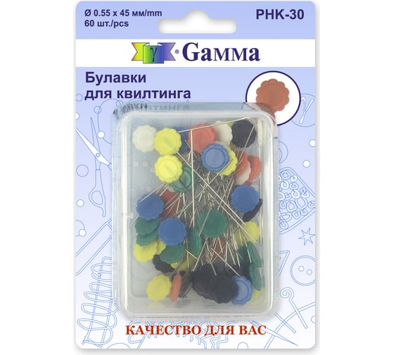 Булавки для квилтинга Gamma PHK-30 сталь, 60 шт, 45 мм 12822 602836