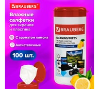 Салфетки с ароматом лимон для экранов всех типов и пластика BRAUBERG туба, 100 шт., влажные, вб 880725