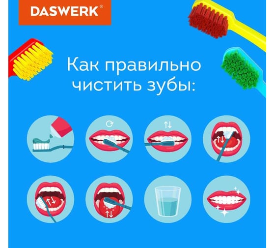 Зубные щетки для взрослых и детей DASWERK 4 шт., средне-мягкие (medium soft) 608213
