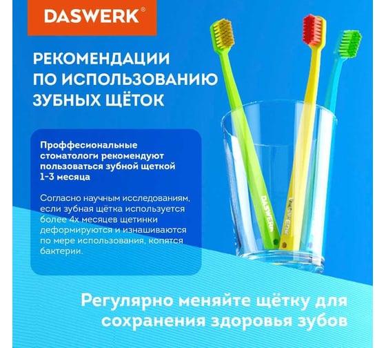 Зубные щетки для взрослых и детей DASWERK 6 шт., средне-мягкие (medium soft) 608214