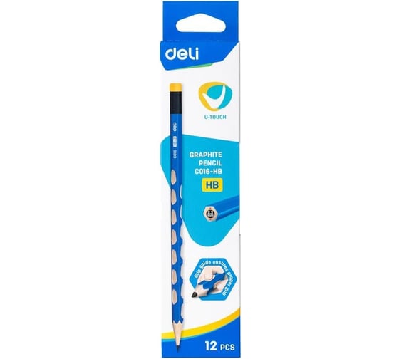 Чернографитный карандаш DELI u-touch hb, 6 граней, с ластиком, с углублениями, синий, 12 шт. 1739296
