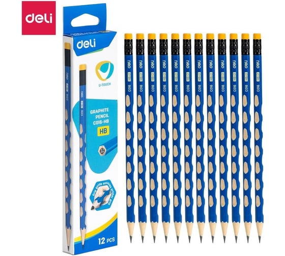 Чернографитный карандаш DELI u-touch hb, 6 граней, с ластиком, с углублениями, синий, 12 шт. 1739296