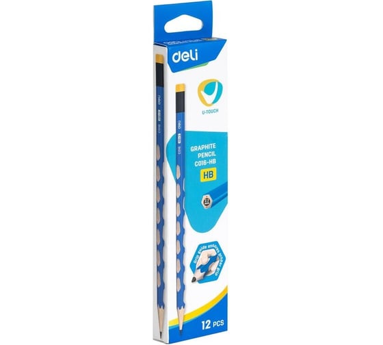 Чернографитный карандаш DELI u-touch hb, 6 граней, с ластиком, с углублениями, синий, 12 шт. 1739296