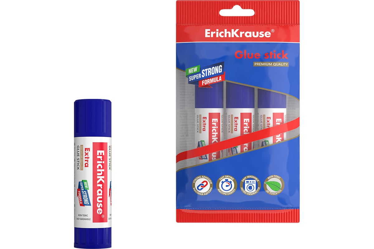 Клей-карандаш ErichKrause Extra, 15 г, в пакете по 3 шт. 59639 ...