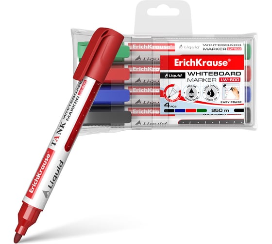 Набор из 4 маркеров для досок ErichKrause Liquid LW-600, цвет чернил: черный, синий, красный, зеленый 58362