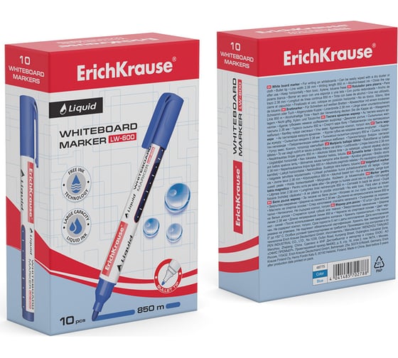 Маркер для досок с жидкими чернилами ErichKrause Liquid LW-600, цвет чернил синий, 10 шт. 48775