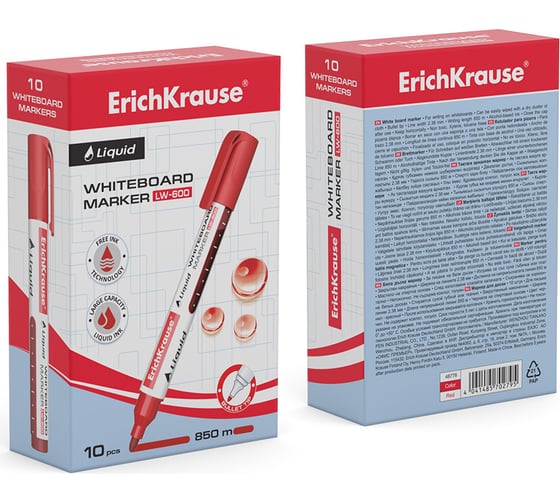 Маркер для досок с жидкими чернилами ErichKrause Liquid LW-600, цвет чернил красный, 10 шт. 48776
