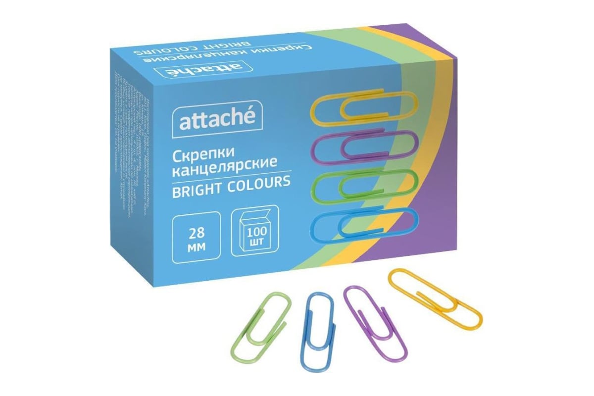 Скрепки Attache bright colours с полимерным покрытием, 28 мм, разноцветные,  100 штук в упаковке 1384140