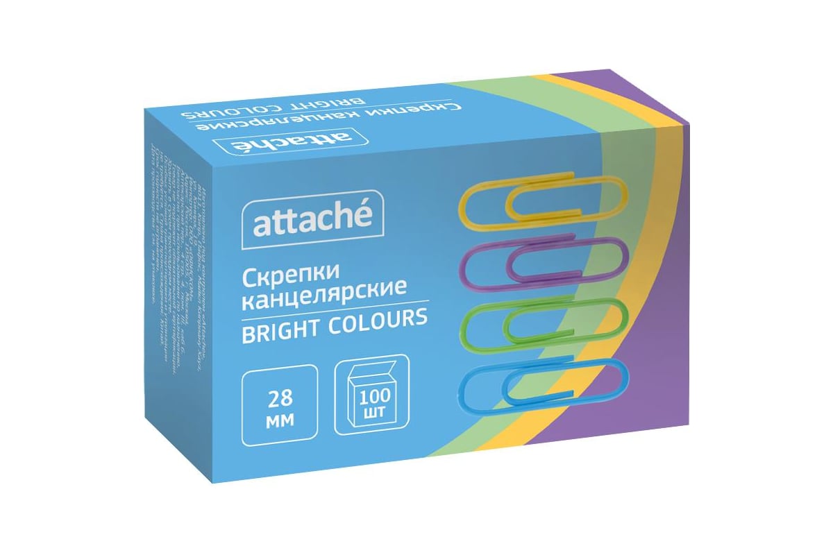 Скрепки Attache bright colours с полимерным покрытием, 28 мм, разноцветные,  100 штук в упаковке 1384140