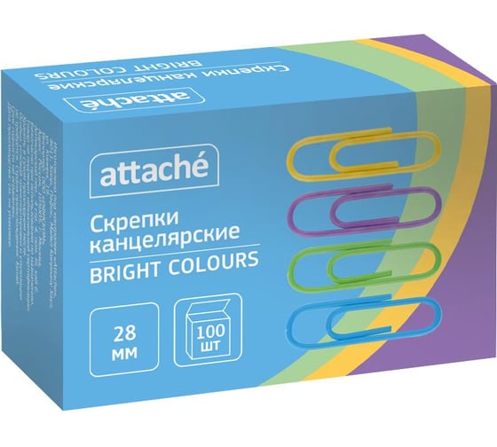 Скрепки Attache bright colours с полимерным покрытием, 28 мм, разноцветные, 100 штук в упаковке 1384140