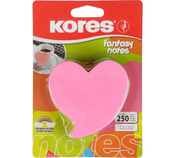 Фигурные стикеры Kores fantasy heart 70x70 мм, 5 смешанных неоновых цветов, по 250 л 48705 1801191
