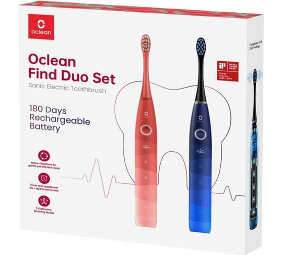 Электрическая зубная щетка Oclean Комплект 2в1 Find Duo Set (2 шт, Красная и Синяя) 6970810552140 1