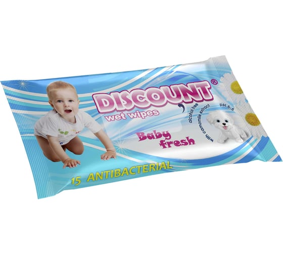 Влажные салфетки для детей Discount с экстрактом ромашки, 15 шт. 4657778190301