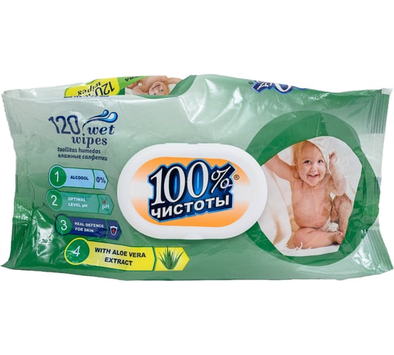 Влажные салфетки 100% Чистоты 120 шт., с экстрактом алоэ вера, с клапаном 4657778190394