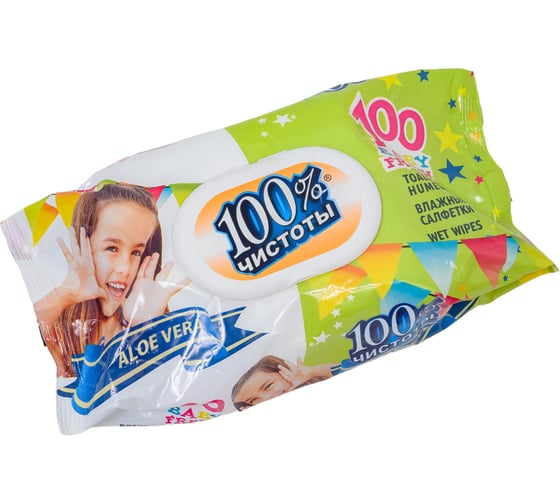 Влажные салфетки 100% Чистоты 100 шт., с экстрактом алоэ вера, клапаном 4657778190387