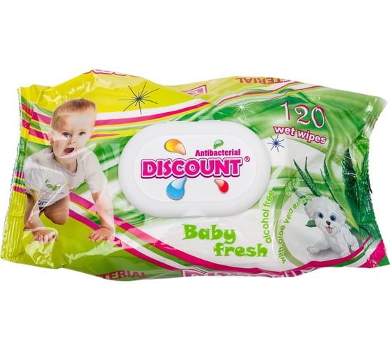 Влажные салфетки Discount 120 шт., с экстрактом алоэ вера, с клапаном 4657778190189