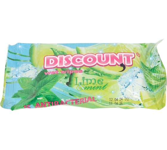 Влажные салфетки Discount 15 шт., с ароматом мяты и лайма 4657778190295