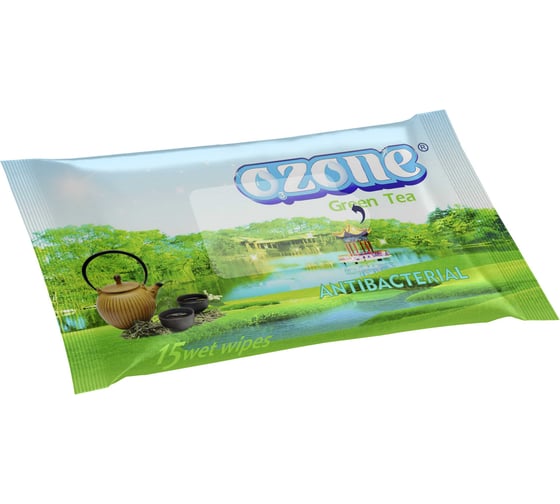 Влажные салфетки Ozone 15 шт., с ароматом зеленого чая 4657778190073 1