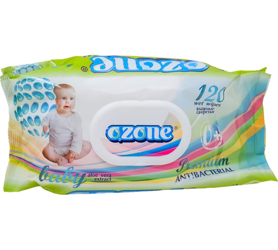 Влажные салфетки Ozone Premium 120 шт., с экстрактом алоэ вера, с клапаном 4657778190202
