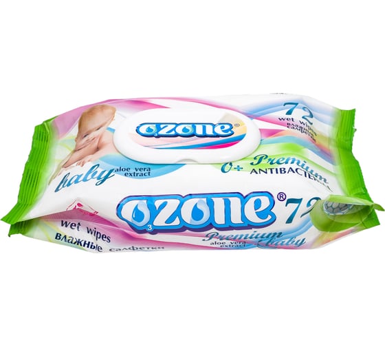 Влажные салфетки Ozone Premium 72 шт., с экстрактом алоэ вера, с клапаном 4657778190455