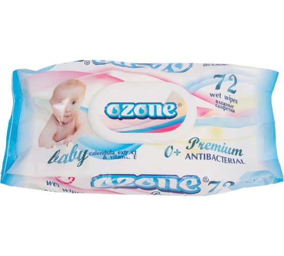 Влажные салфетки Ozone Premium 72 шт., с экстрактом календулы и витамина Е, с клапаном 4657778190196 1