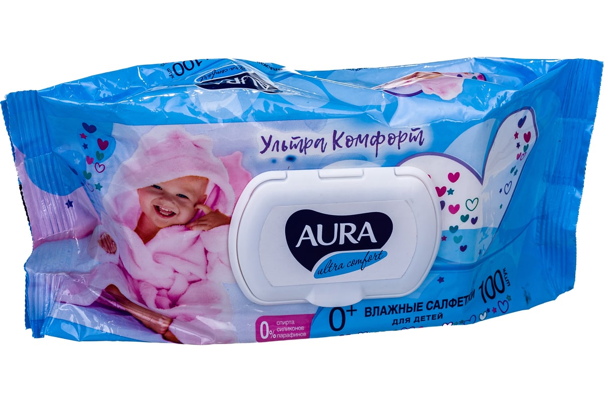 Влажные салфетки AURA Ultra comfort комплект 100 шт., для детей,  гипоаллергенные, без спирта 127500 - выгодная цена, отзывы, характеристики,  фото - купить в Москве и РФ