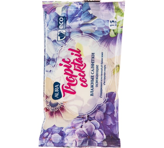 Освежающие влажные салфетки AURA Tropic Cocktail 15шт компакт КК/110 SSS МДК-8136