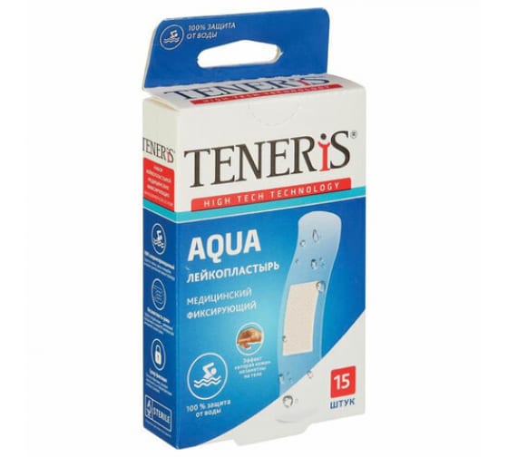 Набор пластырей 15шт AQUA водонепроницаемый на полимерной основе коробка с европодвесом TENERIS 630287 1