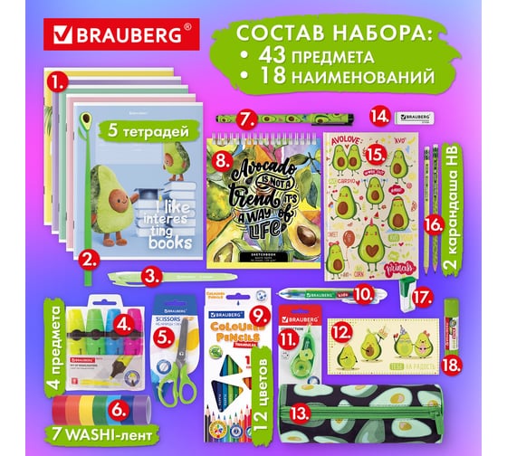 Подарочный набор канцелярии BRAUBERG avocado, 18 наименований, 43 предмета 880951