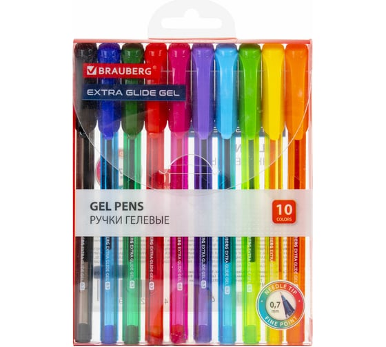 Гелевые ручки BRAUBERG extra glide gel 10 цветов, трехгранные, игольчатый наконечник 0.7 мм, линия 0.5 мм 144079