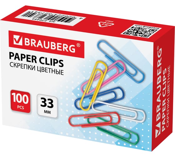 Скрепки BRAUBERG 33 мм, цветные, 100 шт. 270444